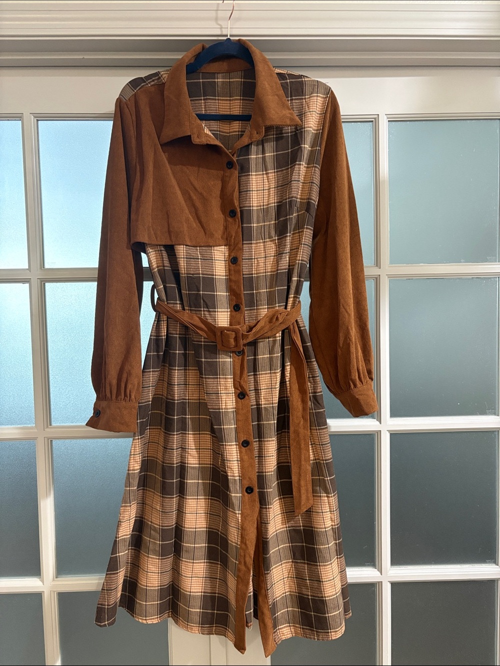 Plaid Button-Front Long Sleeve Shirt Dress with Belt - Brown